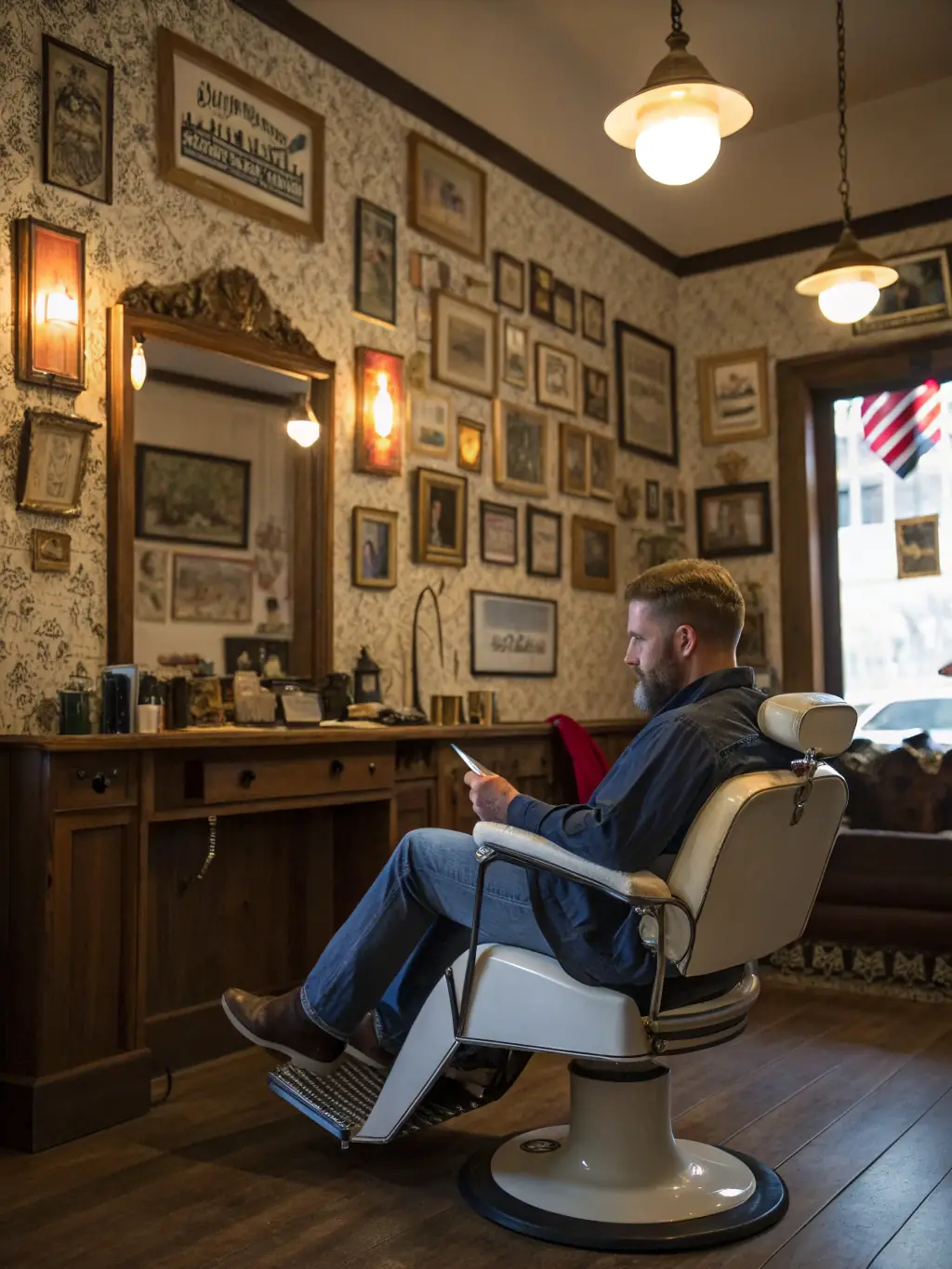A client relaxing in a barber's chair during a hot towel shave at Authentic Cutz, with soft lighting and a comfortable ambiance.