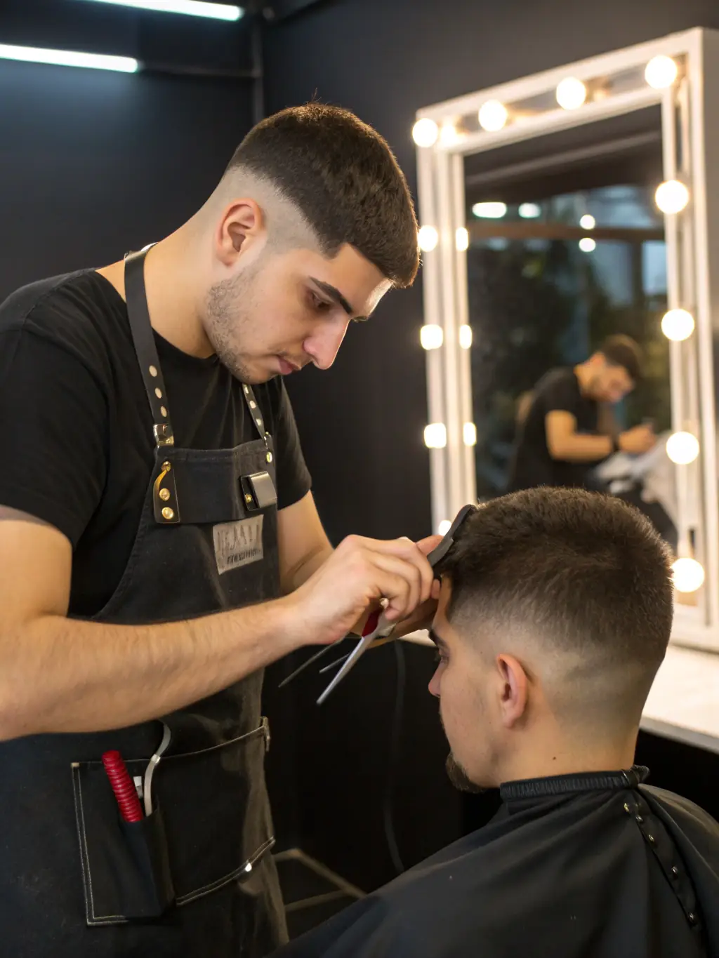 A barber giving a modern fade haircut to a young client in a stylish, well-lit shop, showcasing the skill and precision of Authentic Cutz LLC.