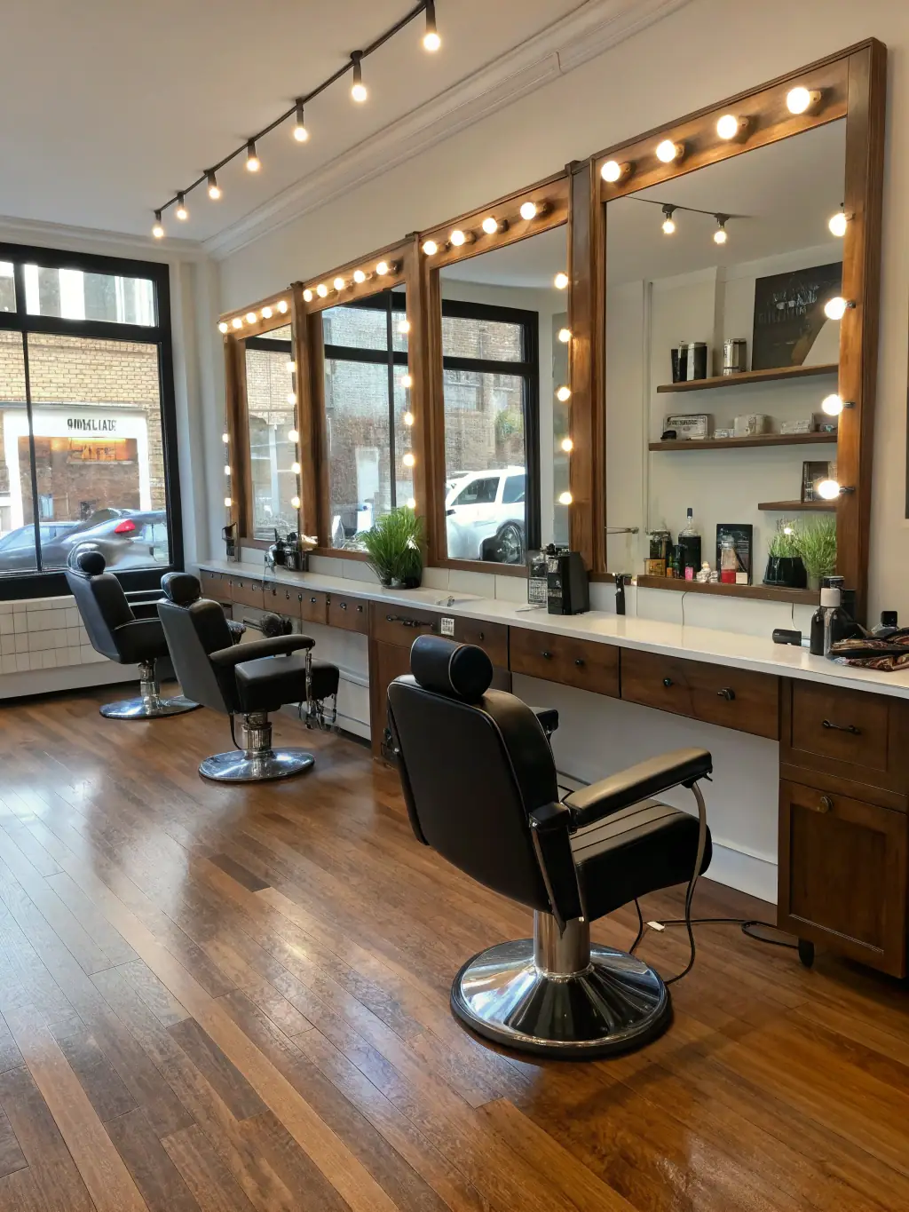 A diverse group of barbers at Authentic Cutz, smiling and interacting with clients in a modern, clean barbershop setting. The image should convey a sense of community and expertise.