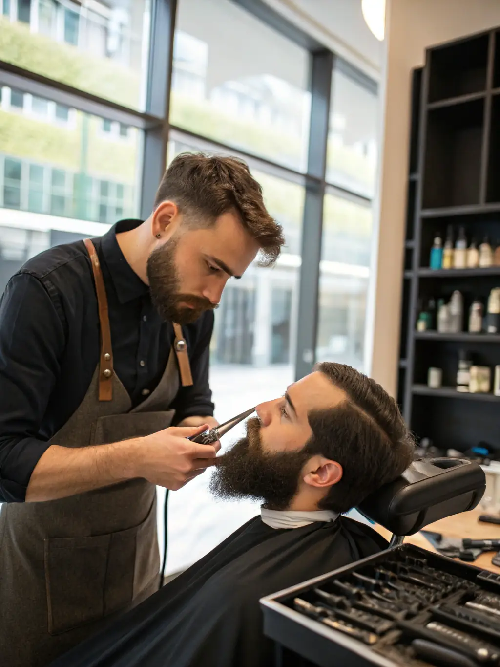 Close-up of a barber carefully shaping a client's beard with precision tools, highlighting the attention to detail at Authentic Cutz LLC.