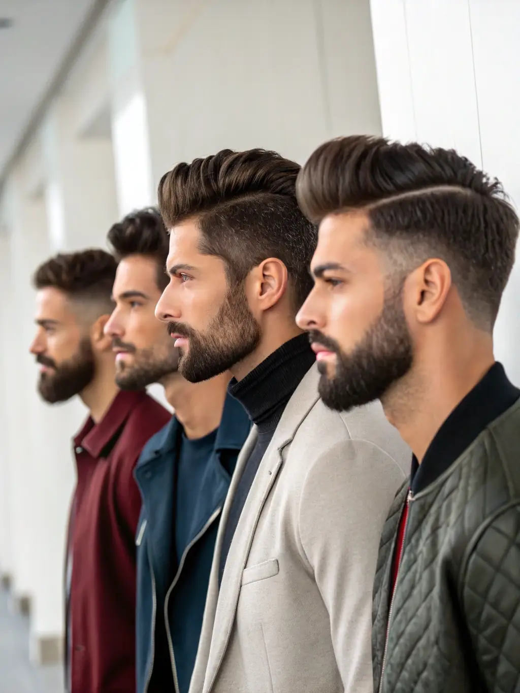 A diverse group of men showcasing various stylish haircuts and beard styles, representing the wide range of services offered at Authentic Cutz LLC.