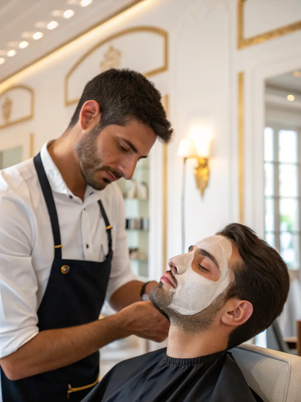 Barber applying hot towels to a client's face before a shave, creating a relaxing atmosphere for a traditional hot towel shave at Authentic Cutz LLC.