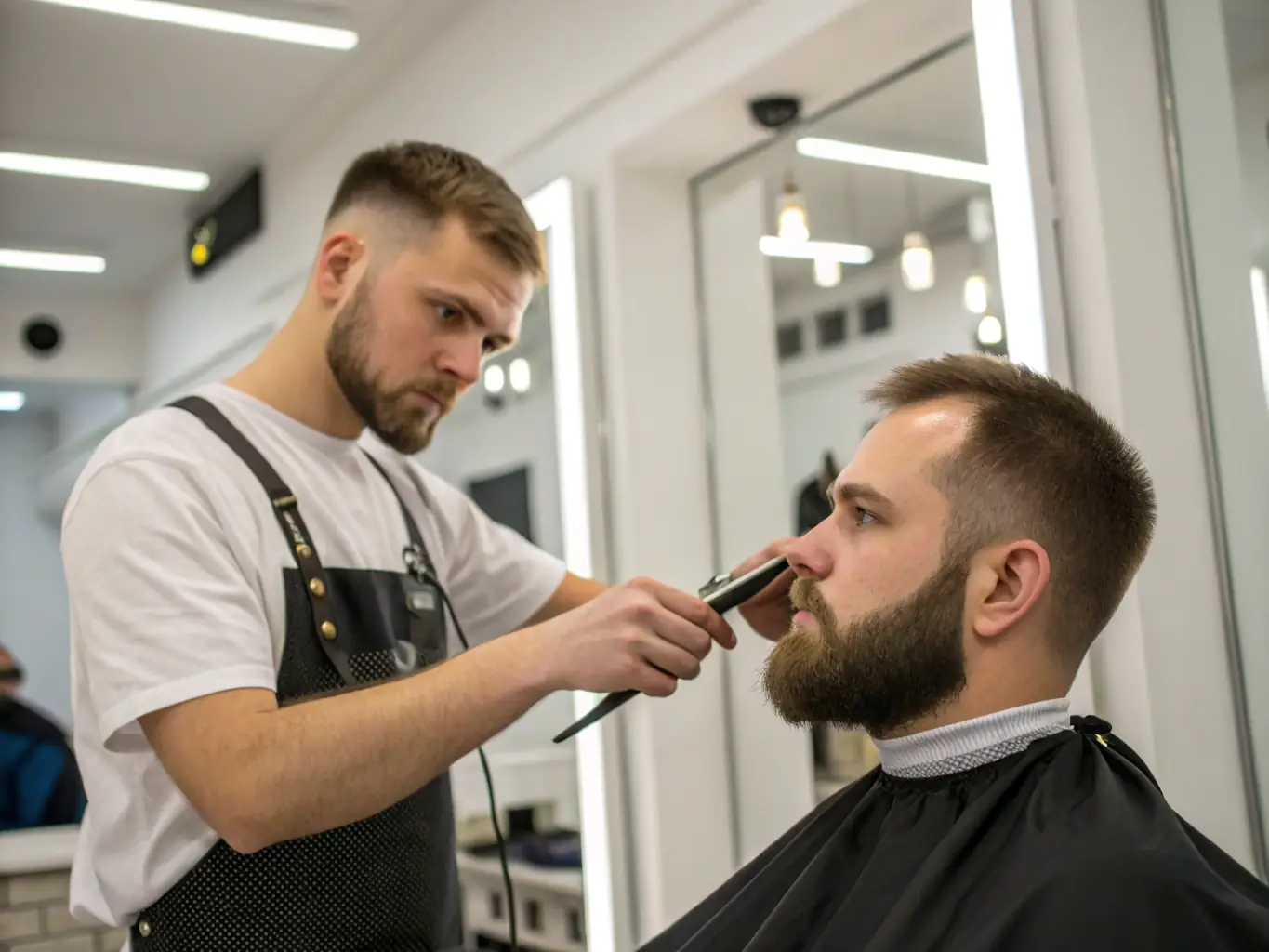 A barber meticulously shaping and trimming a beard with scissors and a comb, highlighting the precision and care involved in beard grooming.
