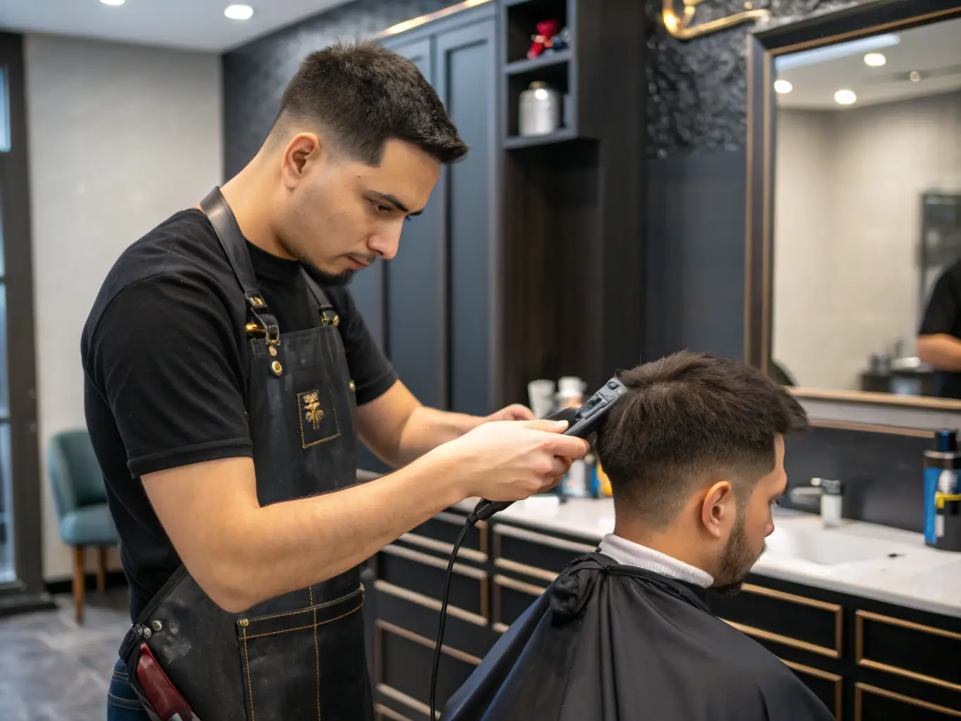 A barber carefully using clippers to create a fade haircut in a modern barbershop setting, showcasing precision and attention to detail.