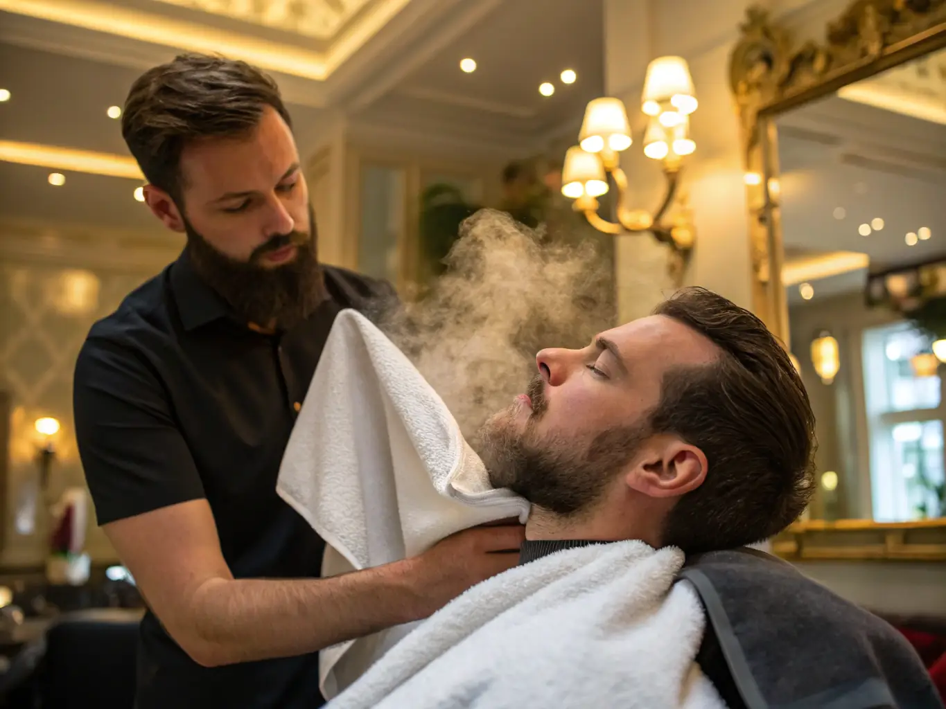 A close-up shot of a man receiving a hot towel shave in a barbershop, emphasizing the relaxing and luxurious experience.